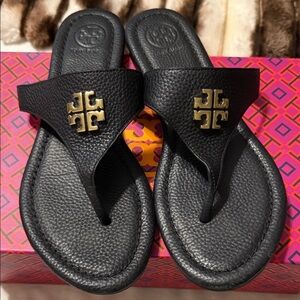 Tory Burch Black Leather Thong Sandals with Gold Logo